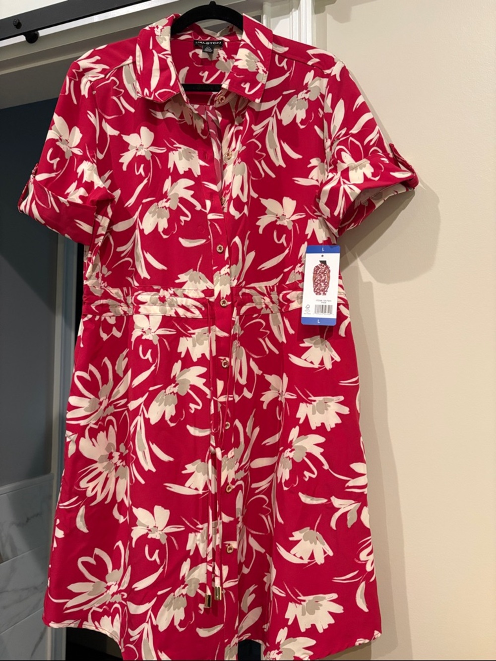 H by Halston Red and Cream Floral Button-Front Shirt Dress